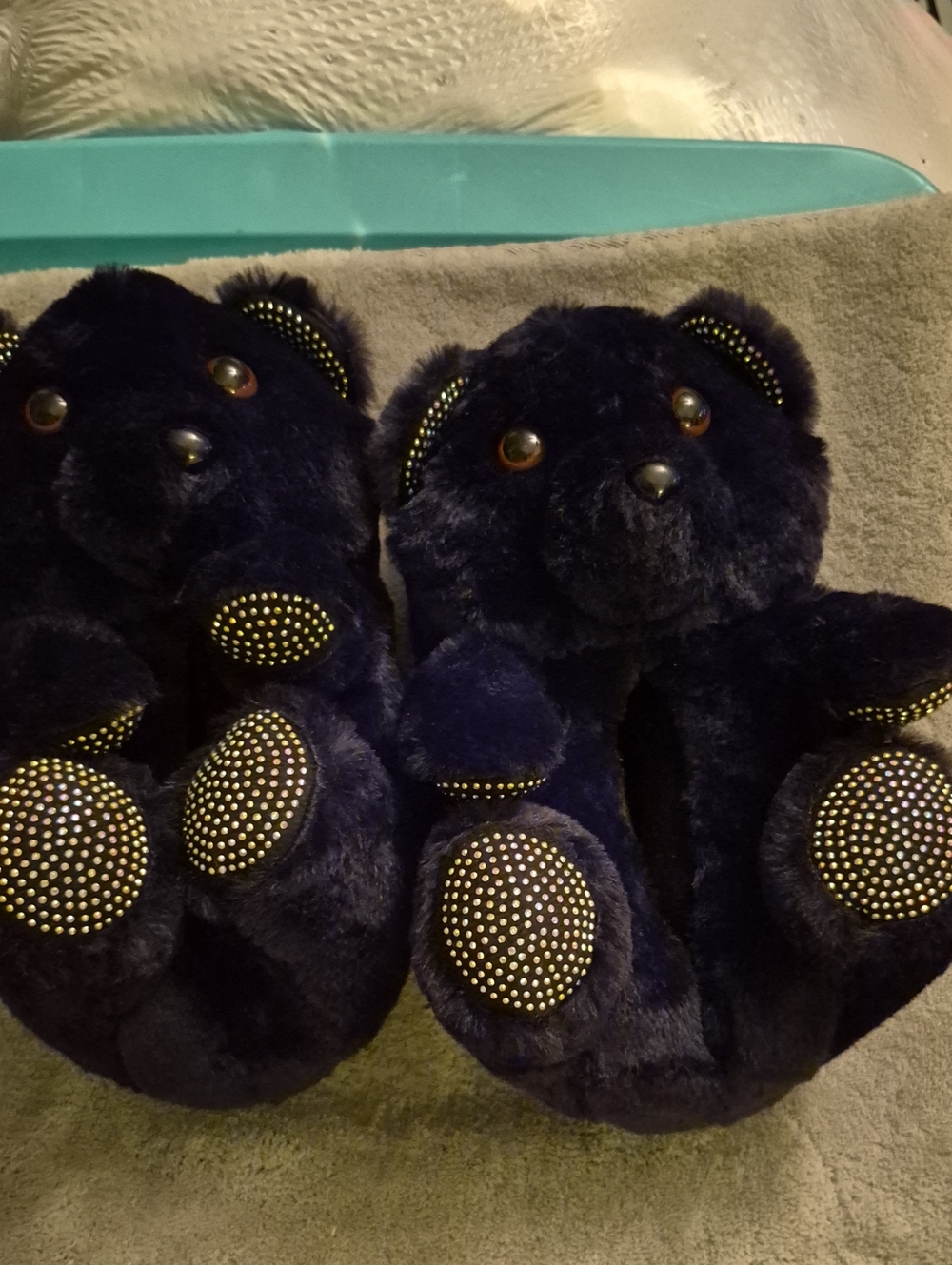 Plush Black Bear Slippers with Sliver Stud Accents